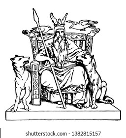 An illustration of the god of god known as Odin in Norse mythology. He is sitting on throne with his pets around him, vintage line drawing or engraving illustration.