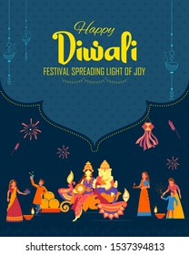 illustration of God Lakshmi and Ganesha on Happy Diwali Holiday background for light festival of India