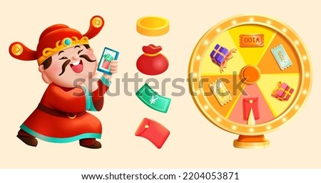 Illustration of the god of wealth holding a phone with money appears on the screen, wealth object icons and spinner wheel isolated on yellow background