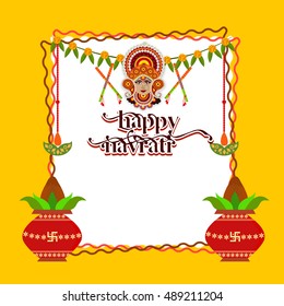 Illustration of Goddess Durga decorated face for Indian festival Navratri with colorful grunge
 background 