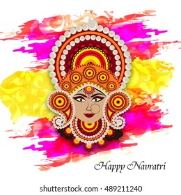 Illustration of Goddess Durga decorated face for Indian festival Navratri with colorful grunge
 background 