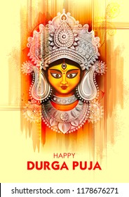 illustration of Goddess Durga Face in Happy Durga Puja Subh Navratri background