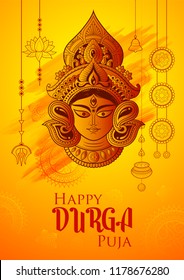 illustration of Goddess Durga Face in Happy Durga Puja Subh Navratri background