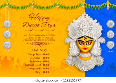 illustration of Goddess Durga Face in Happy Durga Puja Subh Navratri background