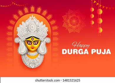 illustration of Goddess Durga Face in Happy Durga Puja Subh Navratri Indian religious header banner background