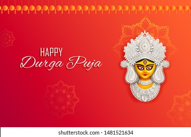 illustration of Goddess Durga Face in Happy Durga Puja Subh Navratri Indian religious header banner background