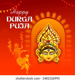 illustration of Goddess Durga Face in Happy Durga Puja Subh Navratri Indian religious header banner background