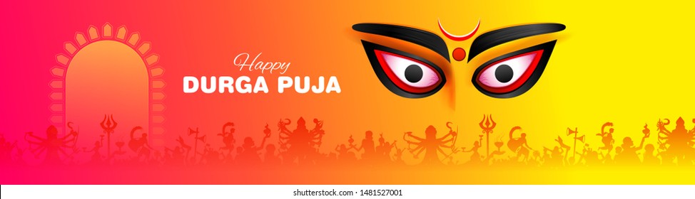 illustration of Goddess Durga Face in Happy Durga Puja Subh Navratri Indian religious header banner background