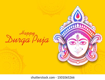 Illustration von Goddess Durga Face in Happy Durga Puja Subh Navratri indischer religiöser Kopfbanner-Hintergrund