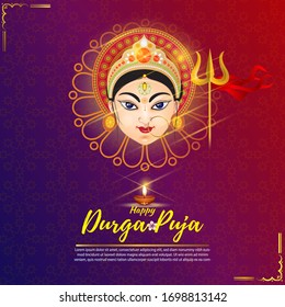 illustration of Goddess Durga Face in Happy Durga Puja Subh Navratri abstract background with text Durga puja means Durga Puja