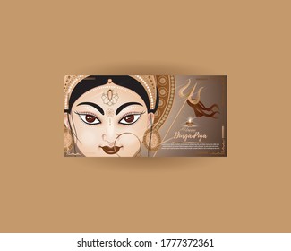 illustration of Goddess Durga Face in Happy Durga Puja abstract background with text Durga puja means Durga Puja