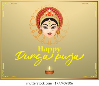 illustration of Goddess Durga Face in Happy Durga Puja abstract background with text Durga puja means Durga Puja