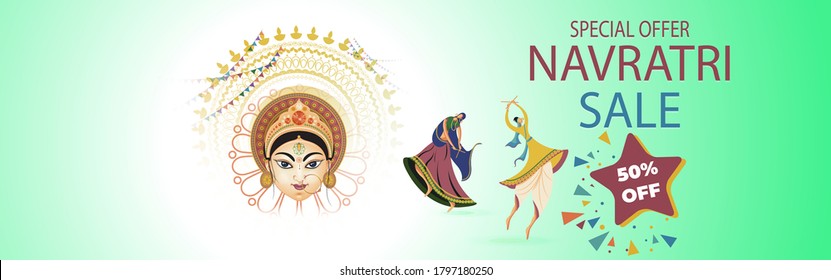 illustration of Goddess Durga Face in Happy Durga Puja abstract background with text Durga puja means Durga Puja