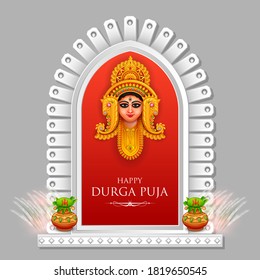 ilustração da Deusa Durga Face em Happy Durga Puja Subh Navratri Banner de cabeçalho religioso indiano fundo