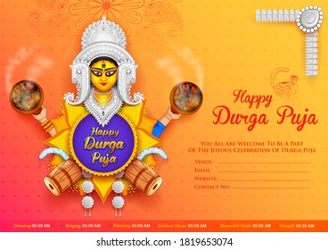 illustration of Goddess Durga Face in Happy Durga Puja Subh Navratri Indian religious header banner background