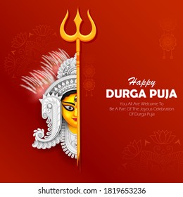 illustration of Goddess Durga Face in Happy Durga Puja Subh Navratri Indian religious header banner background