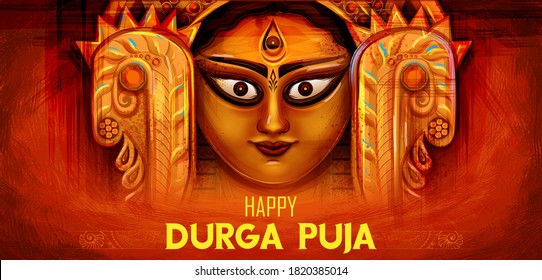 illustration of Goddess Durga Face in Happy Durga Puja Subh Navratri Indian religious header banner background