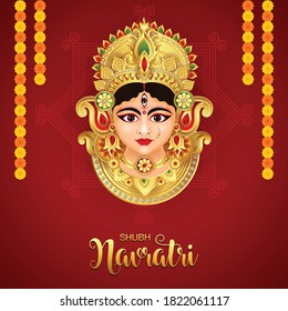 illustration of Goddess Durga Face in Happy Durga Puja Subh Navratri background