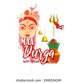 illustration of Goddess Durga Face in Happy Durga Puja Subh Navratri, maa, abstract background with text Durga puja means Durga Puja