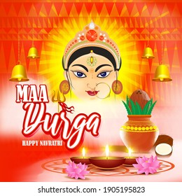 illustration of Goddess Durga Face in Happy Durga Puja Subh Navratri, maa, abstract background with text Durga puja means Durga Puja