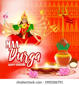 illustration of Goddess Durga Face in Happy Durga Puja Subh Navratri, maa, abstract background with text Durga puja means Durga Puja