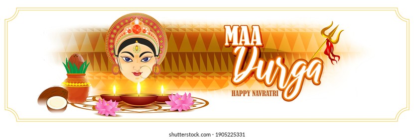 illustration of Goddess Durga Face in Happy Durga Puja, Subh Navratri, maa, abstract background with text Durga puja means Durga Puja