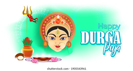 illustration of Goddess Durga Face in Happy Durga Puja, Subh Navratri, maa, abstract background with text Durga puja means Durga Puja