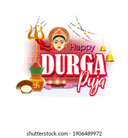 illustration of Goddess Durga Face in Happy Durga Puja, Subh Navratri, maa, abstract background with text Durga puja means Durga Puja