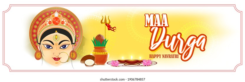 illustration of Goddess Durga Face in Happy Durga Puja, Subh Navratri, maa, abstract background with text Durga puja means Durga Puja