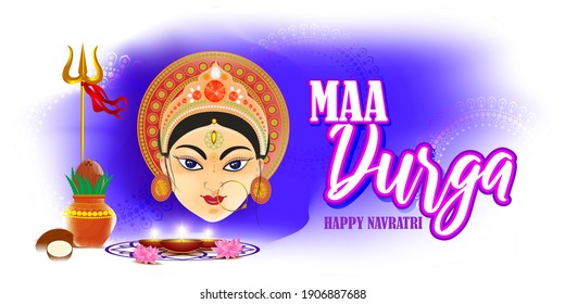 illustration of Goddess Durga Face in Happy Durga Puja, Subh Navratri, maa, abstract background with text Durga puja means Durga Puja