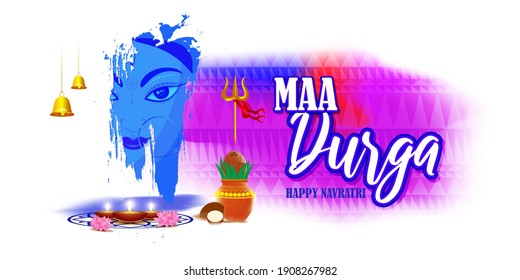 illustration of Goddess Durga Face in Happy Durga Puja, Subh Navratri, maa, abstract background with text Durga puja means Durga Puja