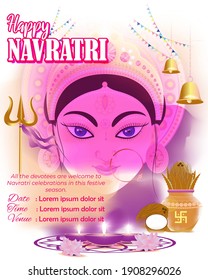 illustration of Goddess Durga Face in Happy Durga Puja, Subh Navratri, maa, abstract background with text Durga puja means Durga Puja