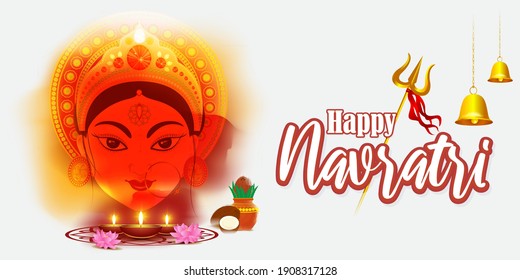 illustration of Goddess Durga Face in Happy Durga Puja, Subh Navratri, maa, abstract background with text Durga puja means Durga Puja