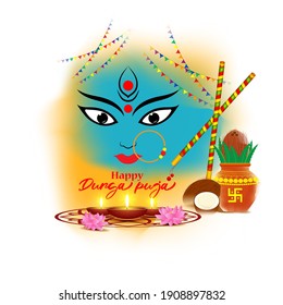illustration of Goddess Durga Face in Happy Durga Puja, Subh Navratri, maa, abstract background with text Durga puja means Durga Puja