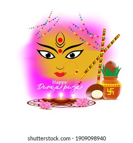 illustration of Goddess Durga Face in Happy Durga Puja, Subh Navratri, maa, abstract background with text Durga puja means Durga Puja