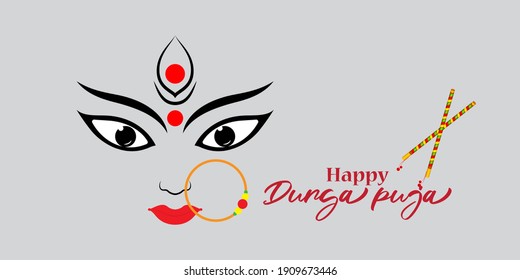 illustration of Goddess Durga Face in Happy Durga Puja, Subh Navratri, maa, abstract background with text Durga puja means Durga Puja