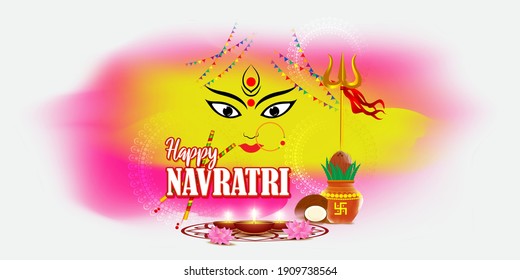 ilustración de la diosa Durga Face en Happy Durga Puja, Subh Navratri, maa, fondo abstracto con texto Durga puja significa Durga Puja