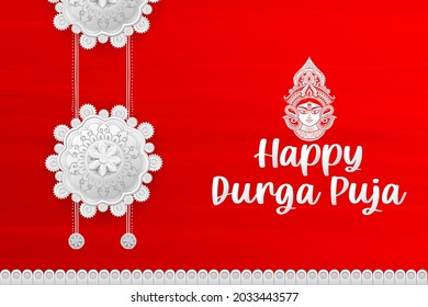 illustration of Goddess Durga Face in Happy Durga Puja Subh Navratri Indian religious header banner background