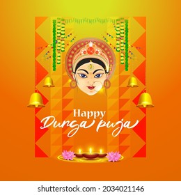 illustration of Goddess Durga Face in Happy Durga Puja Subh Navratri abstract background with text Durga puja means Durga Puja