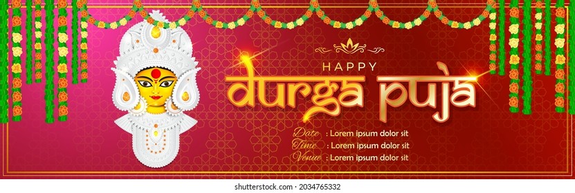 illustration of Goddess Durga Face in Happy Durga Puja Subh Navratri abstract background with text Durga puja means Durga Puja