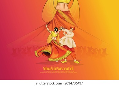 illustration of Goddess Durga Face For Happy Navratri, Couple Playing Garba and Dandiya in Navratri Celebration and Disco Night