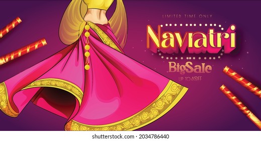 illustration of Goddess Durga Face For Happy Navratri, Couple Playing Garba and Dandiya in Navratri Celebration and Disco Night