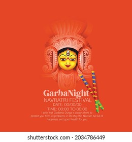 illustration of Goddess Durga Face For Happy Navratri, Couple Playing Garba and Dandiya in Navratri Celebration and Disco Night