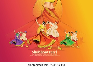 illustration of Goddess Durga Face For Happy Navratri, Couple Playing Garba and Dandiya in Navratri Celebration and Disco Night svg