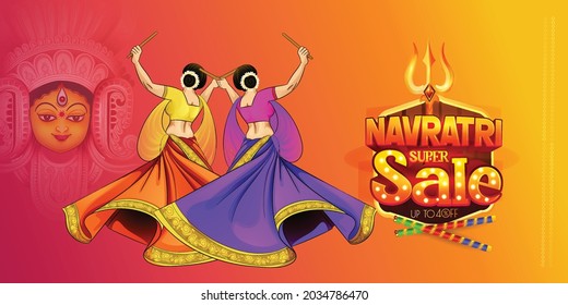 illustration of Goddess Durga Face For Happy Navratri, Couple Playing Garba and Dandiya in Navratri Celebration and Disco Night