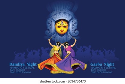 illustration of Goddess Durga Face For Happy Navratri, Couple Playing Garba and Dandiya in Navratri Celebration and Disco Night svg