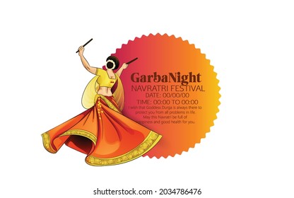 illustration of Goddess Durga Face For Happy Navratri, Couple Playing Garba and Dandiya in Navratri Celebration and Disco Night