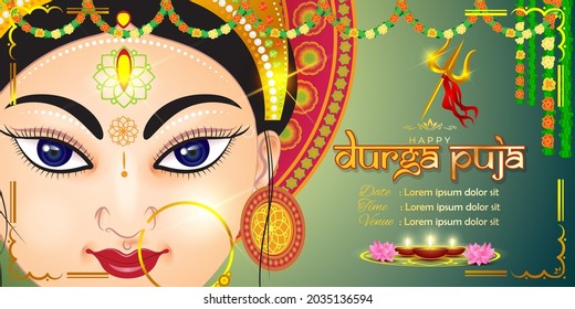 illustration of Goddess Durga Face in Happy Durga Puja Subh Navratri abstract background with text Durga puja means Durga Puja