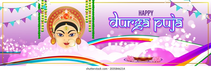 illustration of Goddess Durga Face in Happy Durga Puja Subh Navratri abstract background with text Durga puja means Durga Puja