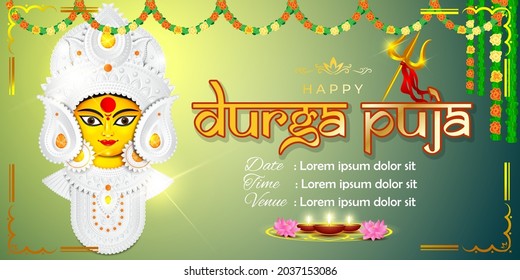 illustration of Goddess Durga Face in Happy Durga Puja Subh Navratri abstract background with text Durga puja means Durga Puja